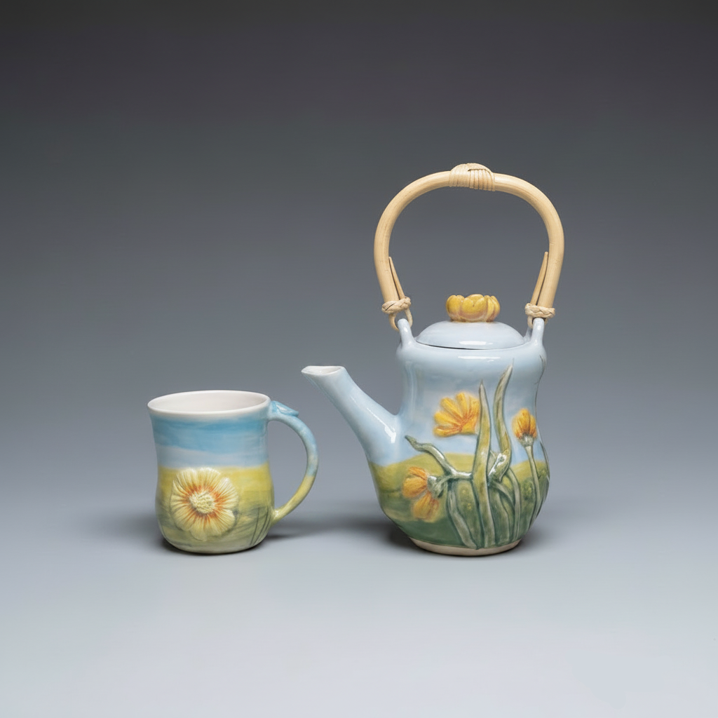 A set of a teapot and single mug cup with a sunny feeling of English Flowers looking onto the bright English Summer.

