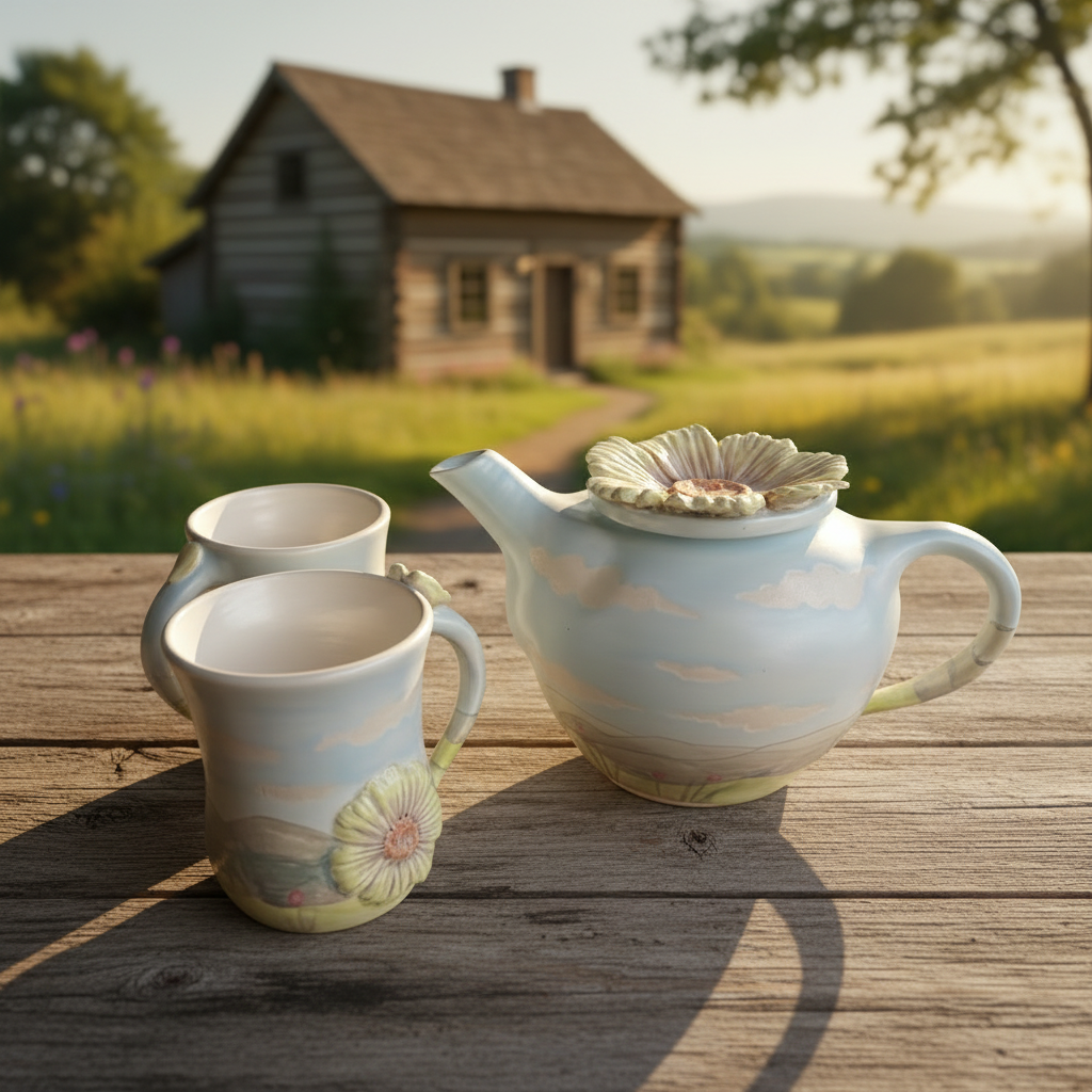Ceramic teapot and mugs with the english sunny countryside and cloud floating by.