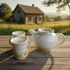 Ceramic teapot and mugs with the english sunny countryside and cloud floating by.