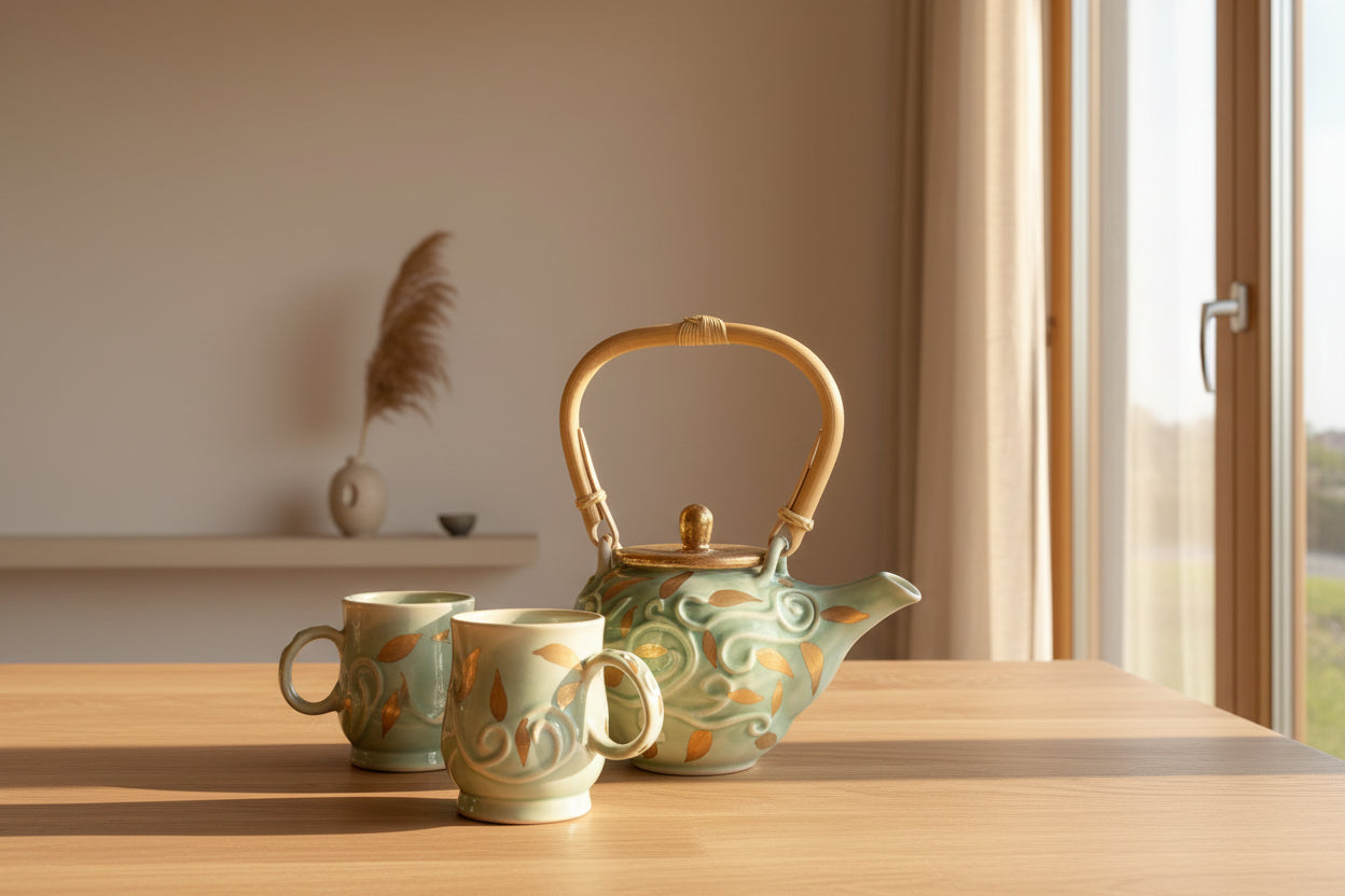 Art Nouveau hand made and hand sculpted Ceramic teapot and mugs with decorative patterns on a wooden table.