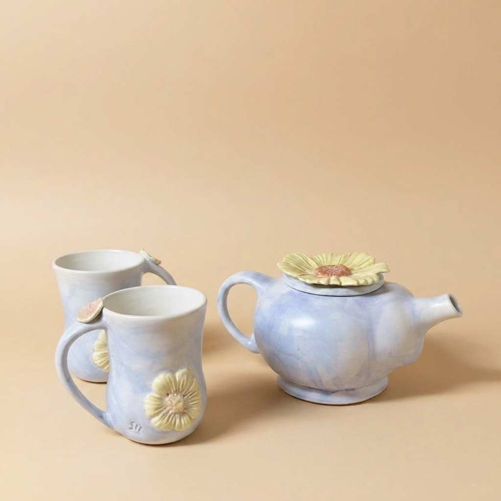 A English Heather coloured tea pot with two mugs.