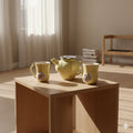 Set of ceramic teapot and mugs with floral designs on a semi opaque primrose yellow base