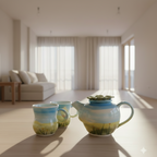 Ceramic teapot and mugs with nature-themed designs. 